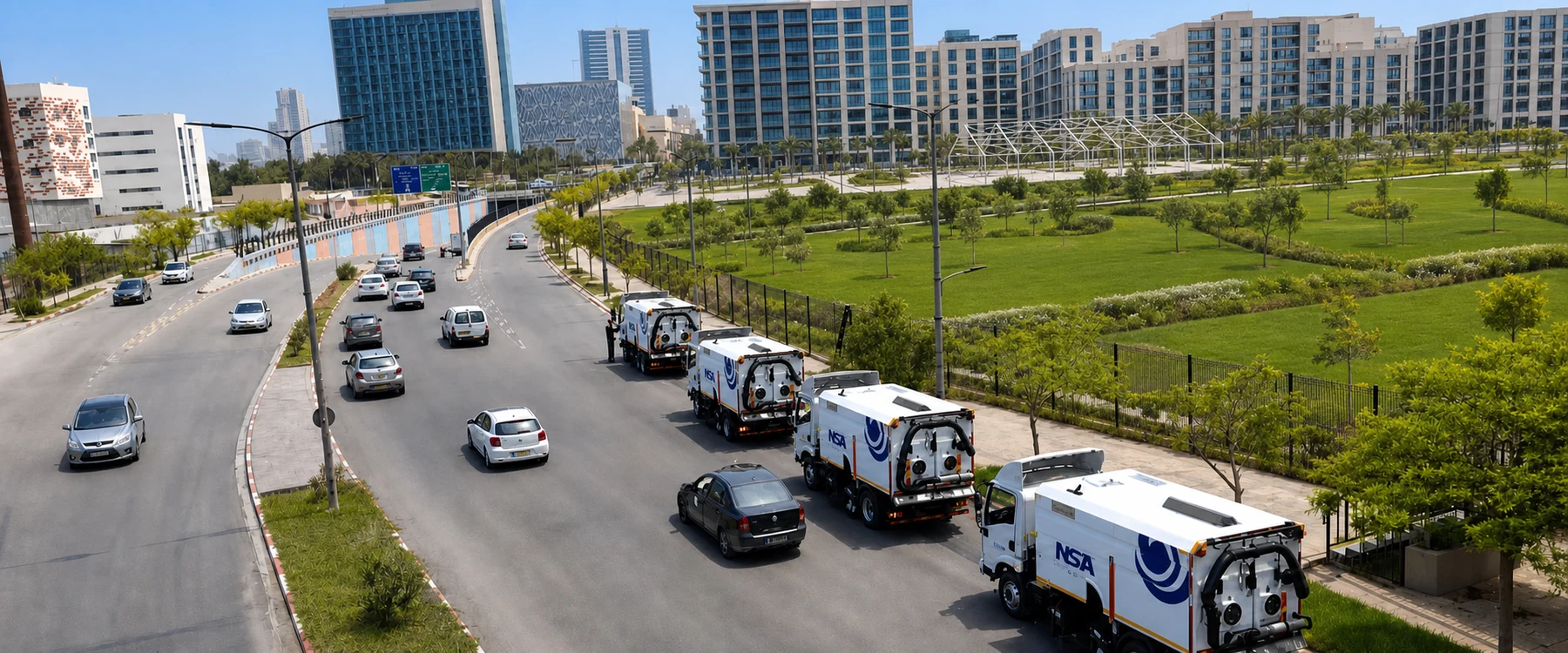 Convoi de véhicules de propreté urbaine NSA dans un environnement urbain paysager